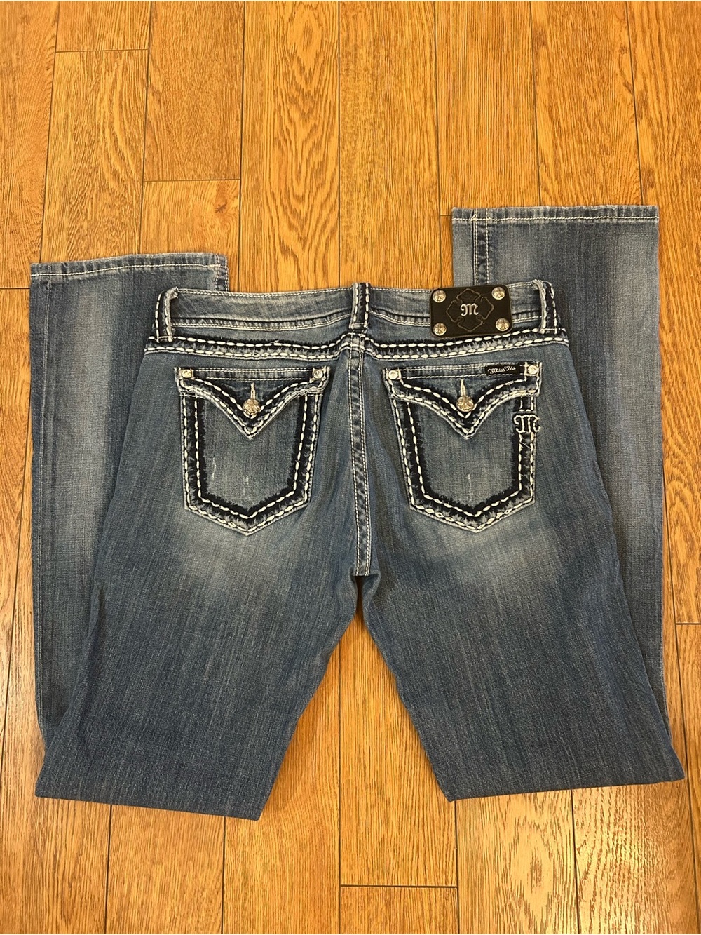 Miss Me Men's Faded Blue Bootcut Jeans with Embellished Pockets